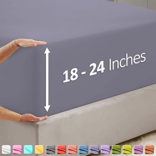 Image of Hearth & Harbor Extra Deep Pocket Queen Fitted Sheet - Fits 18 to 24 Inch Mattress - Ultra Soft 1800 Microfiber, Wrinkle-Free & Breathable - Hotel Luxury Fitted Sheet Only, Grayish Purple