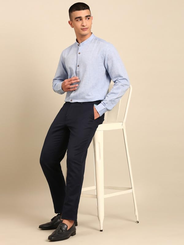 Image of Cavallo by Linen Club Men's Blended Linen Blue Solid Contemporary Fit Full Sleeve Casual Shirt
