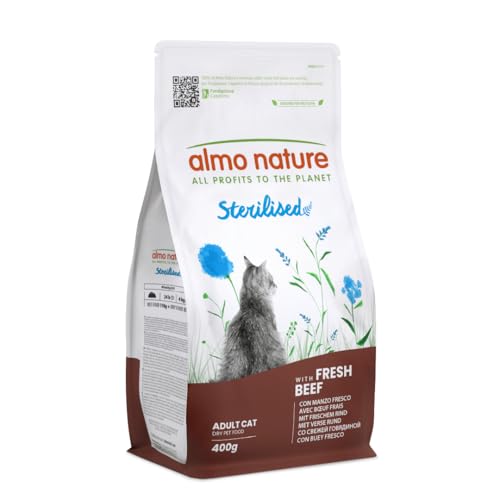 Almo Nature Sterilised - Croquetas para Gato Esterilizado con Ternera Fresca - Bajo Contenido de Magnesio y con Fibras para el Control de Peso - Bolsa de 400 g
