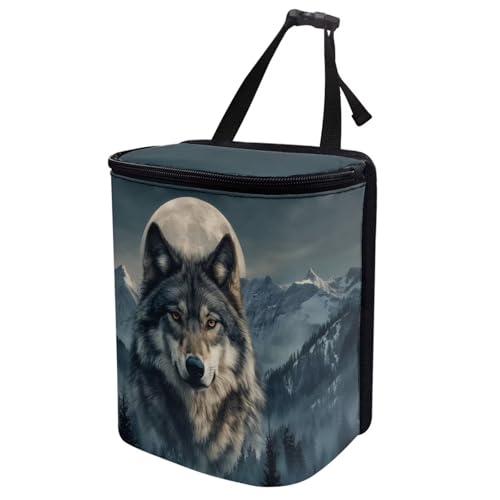 Image of Talayituse Mountain Wolf Moon Print Car Trash Can Portable Auto Garbage Bin Multifunctional Vehicle Interior Accessories with Adjustable Straps Universal Fit Truck SUV Sedan