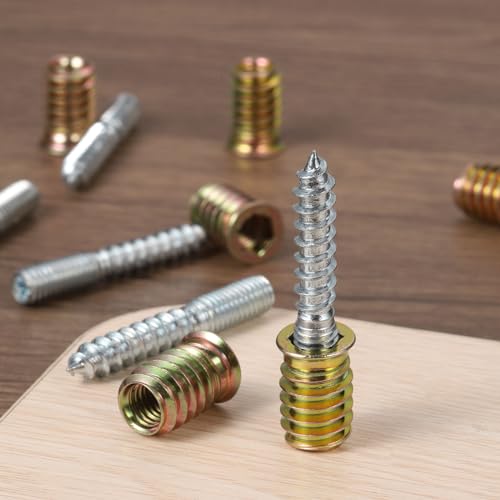 Image of uxcell M6x60mm Hanger Bolts, 8pcs 31mm Wood Dowel Screw Self-Tapping Screw with 8pcs M6x24mm Threaded Insert Nuts Interface Hex Socket Drive, for Joint Furniture Legs