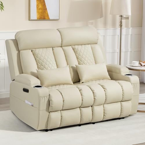 Image of Zero Wall Hugger Power Reclining Loveseat with Adjustable Headrest, Power Loveseat Recliner Sofa with USB&Type-C Ports, Wall Hugger Reclining Loveseat for Living Room (PU Beige, 2 Seater)