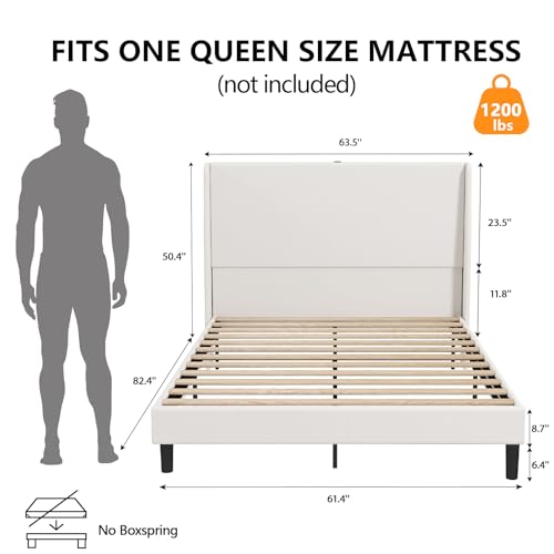 GTRACING Velvet Queen Bed Frame with Wingback Headboard and USB-C, No Box Spring Required, Easy Assembly, White