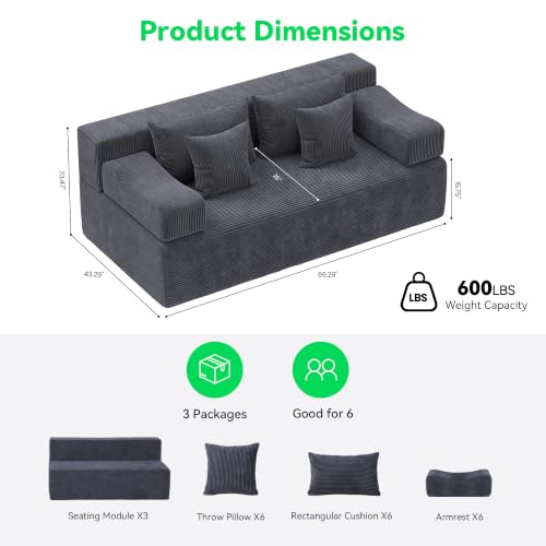 Image of MONVANE 3-Piece Boneless Loveseat Couch Set for Living Room, Oversized Modular Sectional Sofa Set with Removable Armrests, Comfy Corduroy Cloud Couch with 12 Pillows, No Assembly Required, Grey