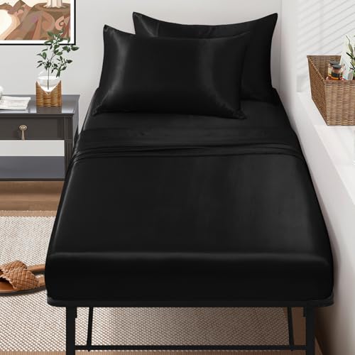 Image of SiinvdaBZX 4-Piece Cot Sheet Set 31 inch x 75 inch, Black Satin Cot Size Sheets Silky Soft Rv Bunk Bed Sheets for Narrow Twin /Camp Bunk /Guest Beds /Army Cots /Trifold Mattress
