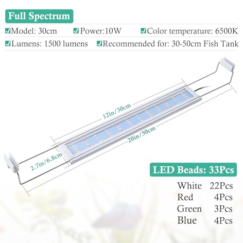 FEDOUR Full Spectrum LED Aquarium Light – 30cm 40cm 60cm Classic LED Fish Tank Light with RGB LEDs, with Timer and Stable Extendable Brackets (10W(30-50cm))