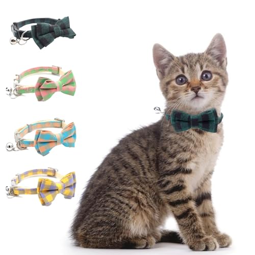 GUANLANT 4 pcs Bow Tie Collars for Cat, Breakaway Plaid Cat Collars with Adjustable Bow Tie for Girl Boy Kittens Puppies