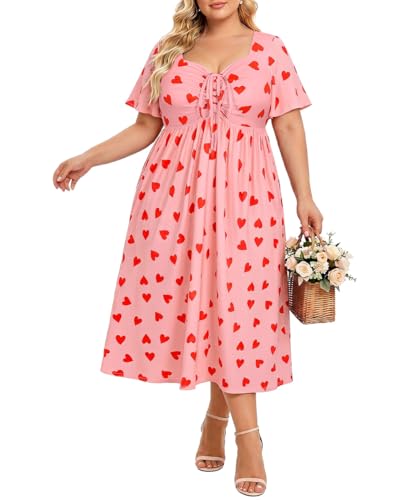 Image of CARCOS Plus Size Dresses for Curvy Women Tie Sweetheart Neck Summer Maxi Dress Short Sleeve Empire Waist Floral Boho Dress