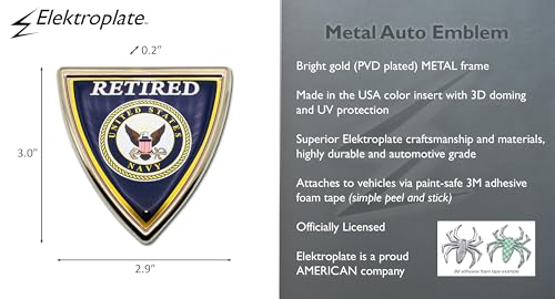 Image of Elektroplate Officially Licensed Retired United States Navy Shield All Metal Gold Frame Emblem for Cars, Trucks, and All Auto | Universal Fit at 3 inch x 2.9 inch | Weatherproof