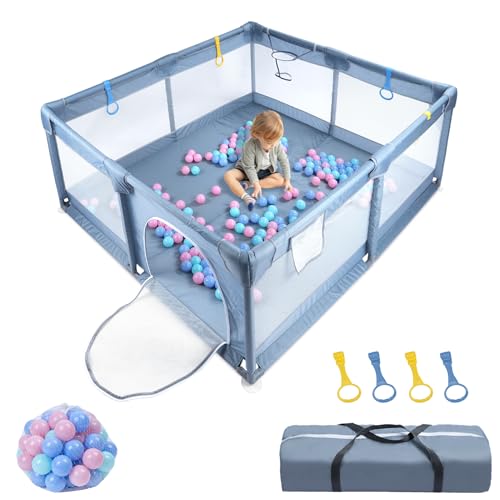 UISEBRT Parc bébé 130 x 130 cm avec filet respirant, 30 balles, mini couffin, aire de jeux de sécurité pour enfants, gris