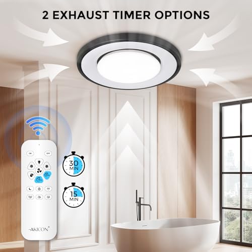 Image of Akicon Bathroom Exhaust Fan with RGB LED Mode, 110 CFM 1.5 Sone Ultra Quiet Bathroom Vent Fan with 3CCT Light & Nightlight, Ceiling Mount, Remote Control, Round (Black)