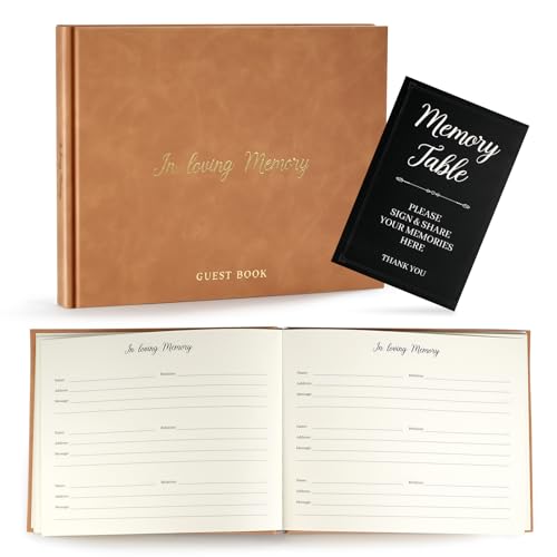Image of Funeral Guest Book for Memorial Service in Loving Memory Funeral Guest Book with MemoryTable Sign & Back Pocket - Guest Sign in Book for Funeral Service (Khaki)