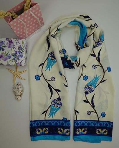 MutluHan Turkish Scarf - 100% Silk Tulip Design | Navy Blue Turquoise | Luxurious and Comfortable Women’s Scarf, Perfect for Gifts and Special Occasions, Suitable for Daily, Evening and Office Wear3