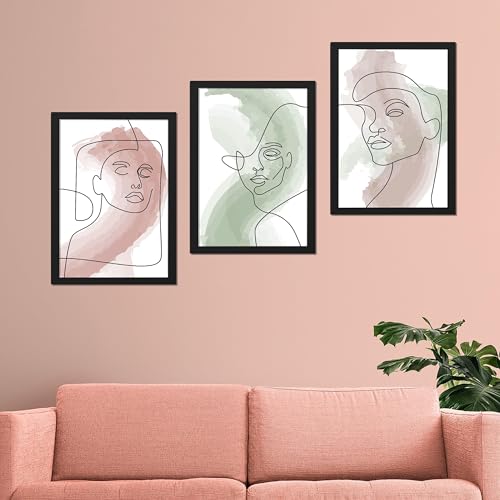 Image of Ritwika's Collection Of 3 Abstract Artwork Of Outline Portrait Of Women Face Painting With Frame | Perfect For Home and Office Decor | With Glass, Size 13.5 x 19.5 Inch (Each), Set Of 3