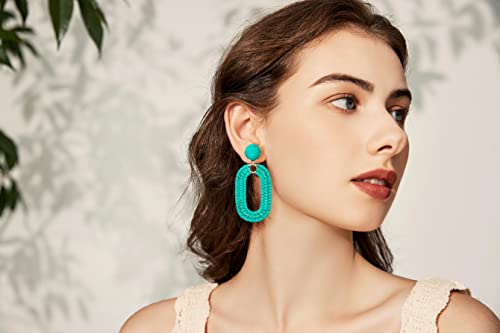 Boho Rattan Oval Drop Earrings Lightweight Summer Geometric Dangle Earrings For Women Girls Bohemian Raffia Straw Wicker Earrings Statement Beach Earrings Jewelry Gifts, Turquoise #TOP1