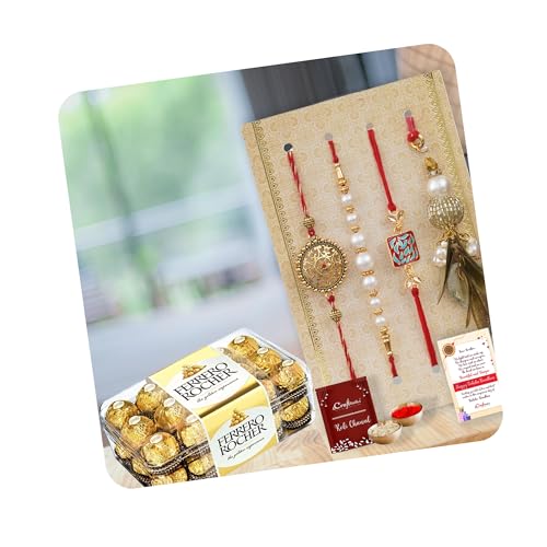 Image of eCraftIndia Rakhi Gift for Brother | Set of 4 Floral Pearls Diamonds Lumba Designer Rakhi for Brother and Bhabhi | Ferrero Rocher Chocolate | Raksha Bandhan Greeting Card | Roli Chawal Pack
