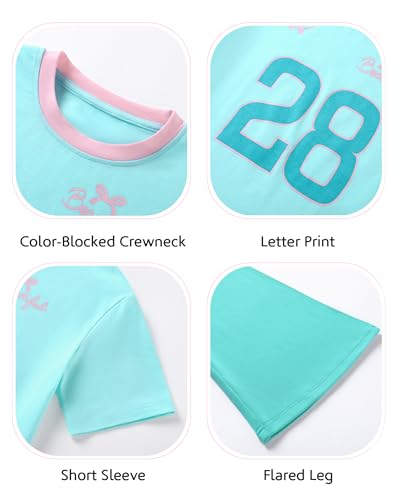 Image of Girls 2 Piece Outfit Colorblock Short Sleeve Graphic Tee & Flared Pants Casual Summer Clothes Set for Age 6-14