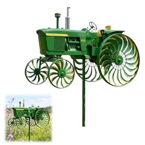 Garden Wind Spinner Green Tractor Windmill Stake with Rotating Wheels Outdoor Sculptures Ornament for Garden Patio Yard Lawn Decor Unique Outdoor Gifts for Garden Lovers (Green)