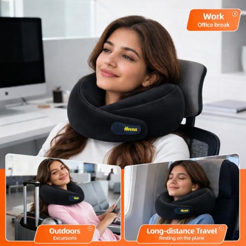 Image of HEVEA Travel Neck Pillow with Eye Mask,100% Memory Foam & 360 Degree Neck Support Pillow for Flight, Car, Bus,Train Travel, Adjustable Velcro, Washable Velvet Cover, Free Travel Pouch.. (Black)