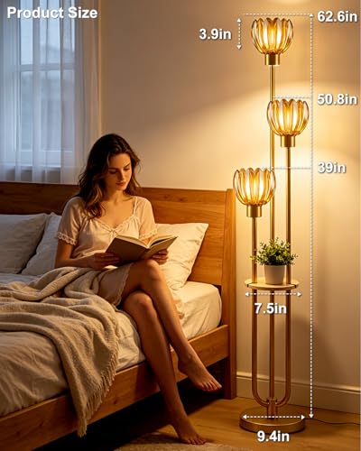 Image of Lightdot 3-Lights Glass Floor Lamp for Living Room Modern Gold Floor Lamps with Lotus Amber Glass Shade& Bulbs Included for Wedding /Party Tall Standing Lamp for Bedroom /Sofa Beside /Corner Decor