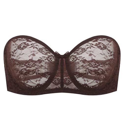 Image of DOBREVA Women's Strapless Lace Bras Unlined See-Through | Underwire, Floral Lace, Sexy, Sheer, Soft, Bow, Multiway, Comfort
