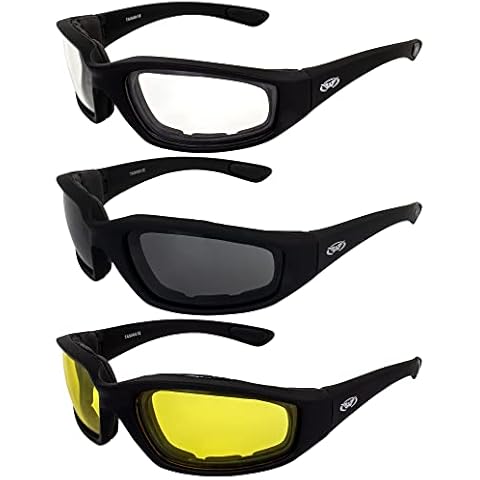 3 Pairs of Global Vision Kickback Black Foam Padded Motorcycle Riding Sunglasses 1 Clear Lens 1 Smoke Lens and 1 Yellow Lens Cover