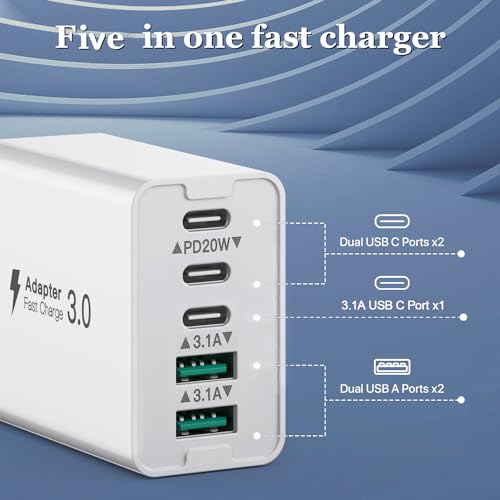 Image of USB C Wall Charger, 50W 5 - Port Charger Block, Fast Charging 3 Type - C + 2 QC Wall Plug Multiport for iPhone 12 /13 /14 /15, PD Fast Charger Power Adapter for Samsung S23 /S22 /S21 /Tablet