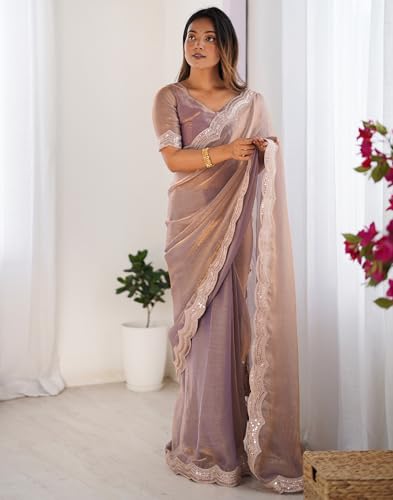 Image of SIRIL Women's Shimmer Chiffon Sequence Embroidery Saree With Unstitched Blouse Piece for Wedding and Parties