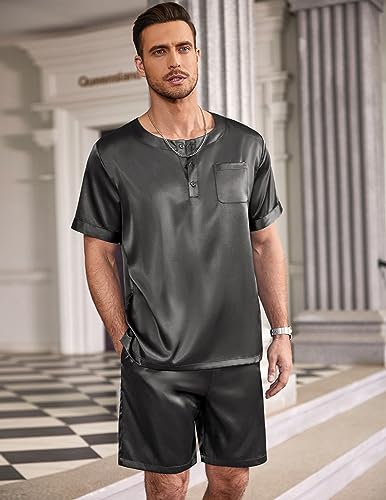 Image of Ekouaer Mens Pajamas Set Silk Satin Pjs Sets Summer Short Sleeve Button Down Sleepwear 2 Piece Loungewear with Pockets