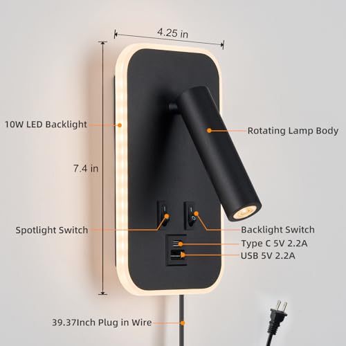 Image of Bed Reading Light, Wall Mounted Reading Fixture with USB C+A Ports, Adjustable Headboard Sconces, Plug-in or Hardwired Bedside Lamp, Modern Black 10W+3W 3000K Warm Ambient lighting for Bedroom
