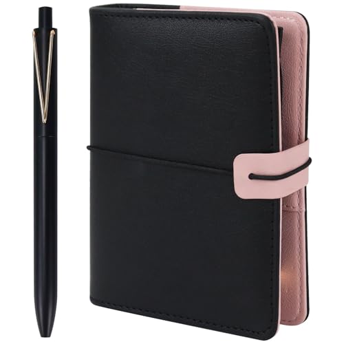Image of MultiBey Mini A7 Budget Planner Binder, 6-Ring Refillable Notebook Cover | Aesthetic black PU leather loose leaf organizer with zipper pocket & pen. Portable folder notebook for budgeting and planning