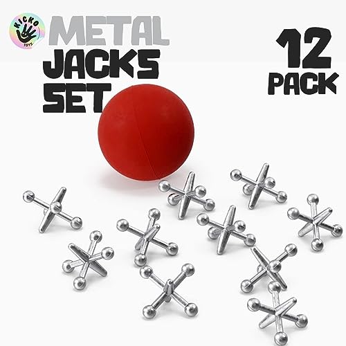 Kicko Metal Jacks Set - 12 Sets Per Order - Metallic Jacks And Bouncy Ball Set - For Party Favors, Game Prizes, Kids' Activities, Loot Bag Fillers, Halloween, Easter, Birthday Parties #TOP5