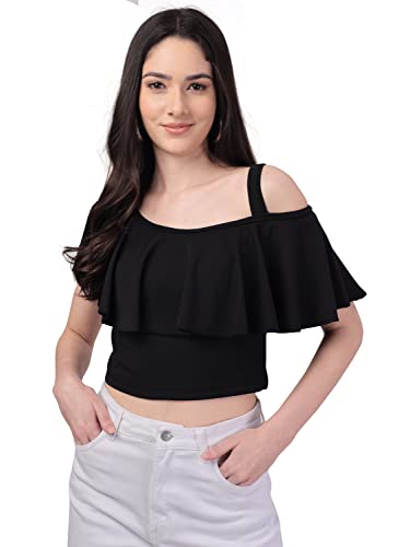 Image of Mehrang Women's Casual Solid Flared Crop Top Round Neck Stretchable Blend for Women /Top for Girls