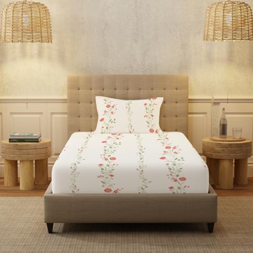 Image of Urban Space Serene 100% Cotton 200 TC Printed Bedsheet for Single Bed with 1 Pillow Cover (Size 58 x 90 inches, Veil Bloom - Peach)