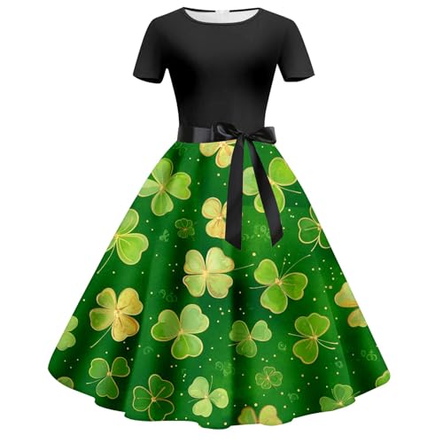 Vestido de San Patricio retro para mujer con cuello redondo y manga corta