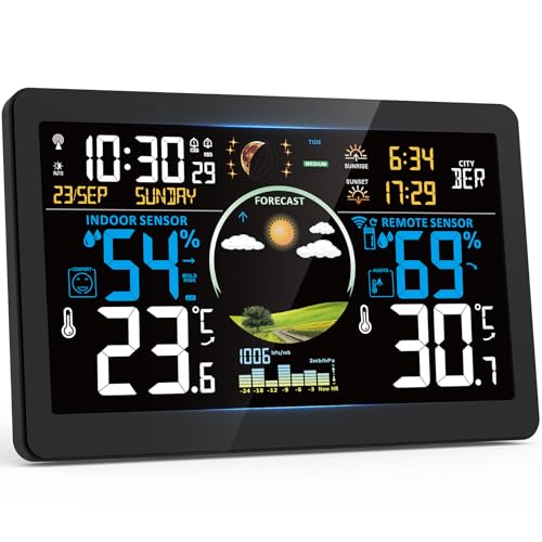 Wireless Weather Station Indoor Outdoor Digital Thermometer with Remote Sensor, 7.5 Inch HD VA Display, Weather Stations for Home, Humidity Meter