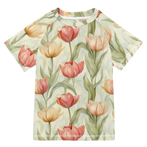 ALAZA Kids Rash Guard Girls Toddler Swim Shirts Short Sleeve Tulips Light Green UPF 50+ 3T
