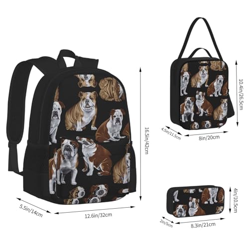 English Bulldogs Print 3 Piece Set Backpack, Lunch Bag, Pencil Case, Cute Sturdy For College And Travel4