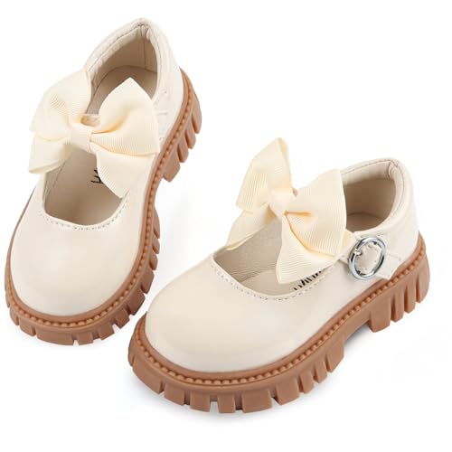 Wulubaba Toddler Girl Dress Shoes Bow Cream Dress School Shoes Princess Mary Jane for Toddler/Little Girl,Cream,9
