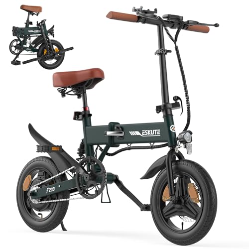 ESKUTE E Bike Herren F200, 14 Zoll Klapprad Elektrofahrrad, 36V 7.8Ah Akku Lange Reichweite bis 35-50KM, Mini Faltbike mit Handyhalterung & USB-Ladeanschluss, E-Mountainbike, Dunkelgrün