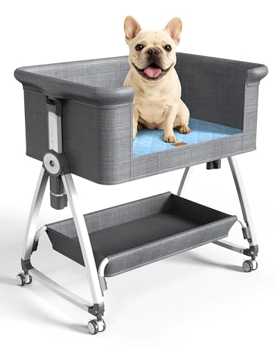 Bedside Dog Bed, 6-Height Adjustable Elevated Cat Bed for Small & Medium Puppy & Cat, Extension for Human Bed, Pet Bassinet with Removable & Washable Cover, Dogs Couch with Sides (30
