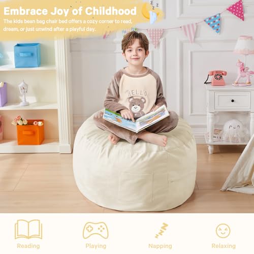 Kids Bean Bag Chair Bed - Convertible Lazy Chair to Floor Mattress with Filler - Small Beanbag Chair for Boys and Girls - Floor Couch Sofa in Bedroom, Classroom, Reading Nook - Beige