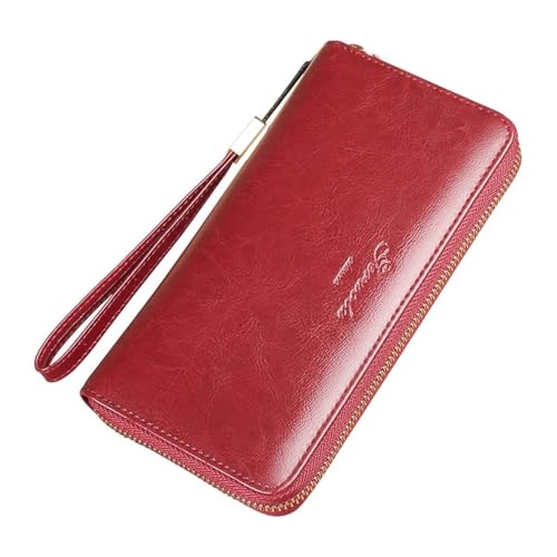 Womens Wallet Genuine Leather RFID Blocking Wristlet Long Purse, Large Capacity Clutch Zip Card Holder, Birthday Gift for Mom Wife Ladies (Wine Red)