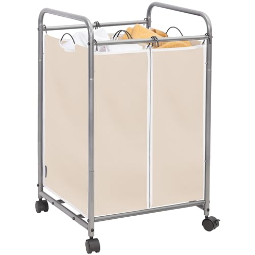 Image of STORAGE MANIAC Laundry Sorter 2 Section, 90 L Gal Laundry Hamper with Wheels, Clothes Basket Separator Sorter, 2 Bag Cart and Removable Bags for Closet, Dorm, Collage, Beige