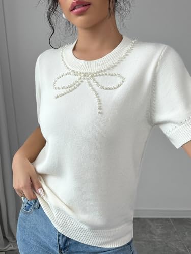 MakeMeChic Women's Bow Sweater Crew Neck Short Sleeve Knitted Pullover Beaded Tops4