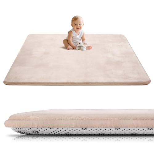 Tuocal Krabbelmatte Baby 127×127cm, 3cm Dicke Schaumstoff Spielmatte, Ultraweiche Stütze und Plüschiges Gefühl Teppich Kinderzimmer, Pflegeleichte Krabbeldecke Baby mit Rutschfester Unterseite, Beige