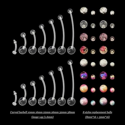 Pregnancy Belly Button Rings Plastic Silicone Flexible Maternity Navel Jewelry Clear Barbell Piercing Retainer Replacement Balls for Women 10mm 16mm 22mm 26mm 32mm 38mm 14G2