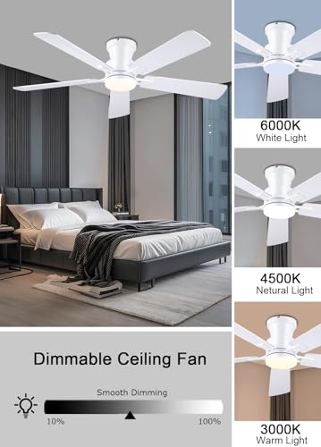 Image of JSAITEE 52 inch Flush Mount Ceiling Fans with Lights Low Profile White | Modern Fans DC Reversible Motor, 3CCT Dimmable, 6 Speeds Fan Light for Indoor Bedroom, Kitchen, White