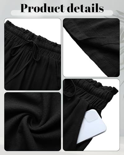 Riyiper 2 Pcs Women's Wide Leg Pants, Casual Linen High Waisted Cropped Trousers with Pockets Drawstring Loose Palazzo Pants (Black, Khaki, XX-Large)4