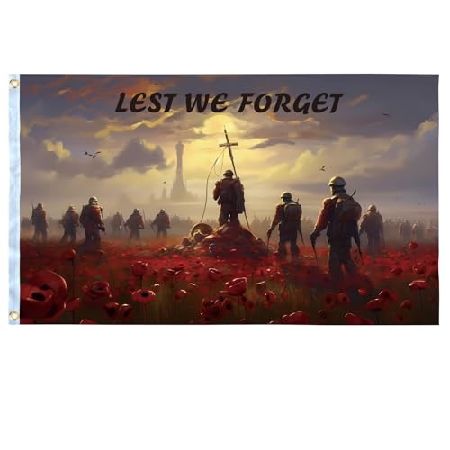 Lest We Forget Flag 5ft x 3ft Remembrance Day Flag Remembrance Sunday Poppy Banner Polyester Double Stitched with Brass Grommets for War Heroes Soldiers & Armed Forces Decorations